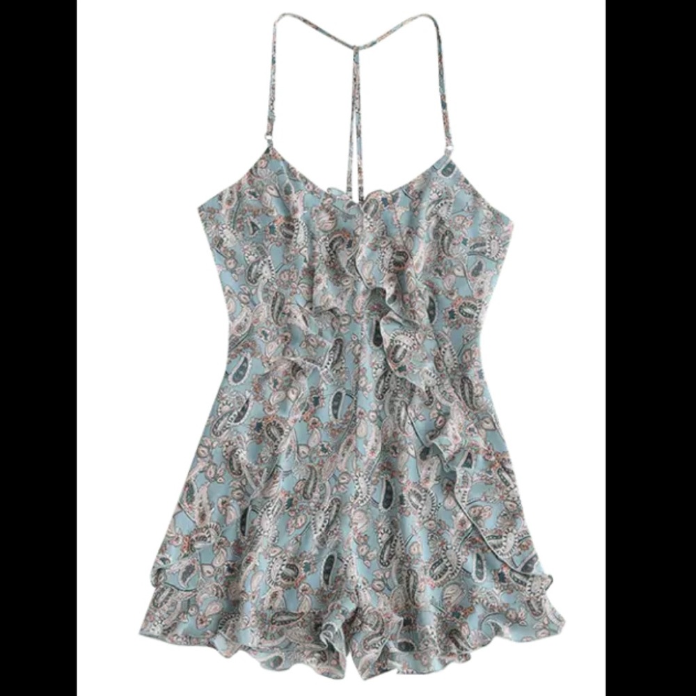NWT - Paisley Flower Ruffle Cross Cami Romper (Size S)